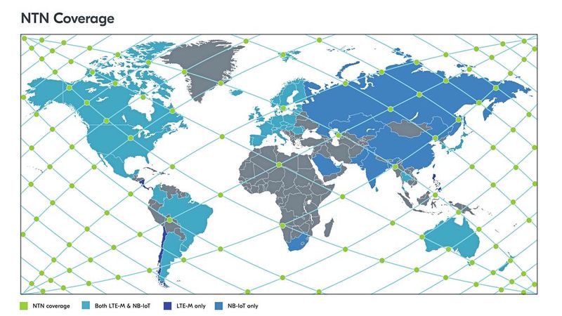 Non-terrestrial networks: Global satellite coverage (Image:Nordic Semiconductors)