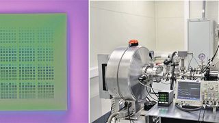 Bild 4: Transmissionsmaske für Auflösungstests (links). EUV-Nanostrukturierungsanlage am ILT (rechts). (Bild: Fraunhoer ILT)