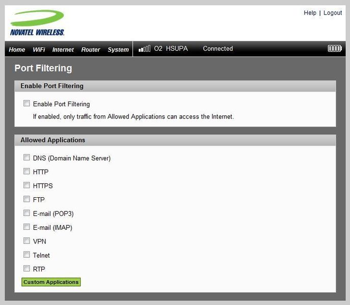 Praktisch beim  MiFi 2352 ist die Port Filtering Option. Hier kann man einstellen, welchen Applikationen, bzw. Diensten wie z.B. VPN oder HTTPS man Zugang zum Internet gestattet. (Archiv: Vogel Business Media)