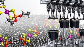 Bunt dargestellt ist das sogenannte ZDDP-Molekül aus einem typischen Schmierstoffadditiv. Im Zusammenspiel mit diamantähnlichen Schutzschichten kann es aber kritischen Effekten kommen, die Forschende am Fraunhofer-IWM jetzt erfolgreich analysiert haben. (Fraunhofer-IWM)