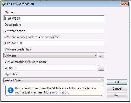 Abbildung 4: Die Parameter der VMware-Aktion. Die Serveradresse wählt den ESX-Host aus. Als Operation haben wir „Restart Guest“ gewählt. Der Gast wird über den Eintrag der „Virtual machine VMware name“ bestimmt. (Archiv: Vogel Business Media)