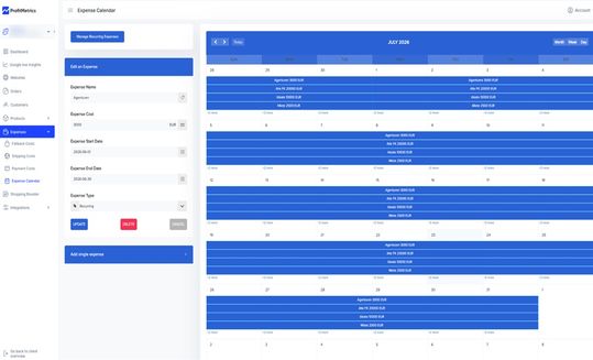 Expense Calendar: Er zeigt, dass ProfitMetrics auch Fixkosten in die Gesamtberechnung einbeziehen kann – zum Beispiel Miete, Software, Agenturkosten oder Gehälter. Für das Dashboard ist das sinnvoll, weil dadurch ein realistischeres Bild der Gesamtprofitabilität entsteht. Für das direkte Google-Ads-Bidding sollte man jedoch vorsichtig sein und vor allem die Kosten nutzen, die direkt mit einer Bestellung zusammenhängen.(Bild:  Pro Ads Marketing)