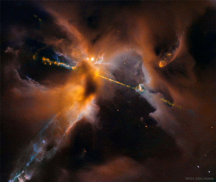 So könnte unser Sonnensystem bei der Geburt ausgesehen haben: Der junge Stern sendet Strahlung und Materie in Form von Jets aus. Das Hubble-Bild zeigt das Objekt HH 24 in einer Sternentstehungsregion im Orion. (NASA, ESA; D. Padgett (NASA's GSFC), T. Megeath (U. Toledo), B. Reipu)