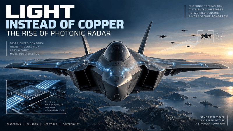 Military radar architecture using distributed RF sensor nodes connected through optical fibre to central processing.(Source:  KI-generiert / Gemini)
