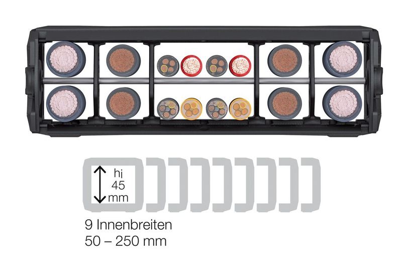Neu sind die Innenbreiten 200, 225 und 250 mm, so dass die TKA55-Familie jetzt in Innenbreiten von 50 bis 250 mm erhältlich ist. (Tsubaki Kabelschlepp)