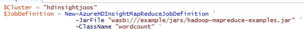 Nach der Verbindung der PowerShell ISE mit Windows Azure erstellen Sie ein Skript mit der MapReduce-Abfrage. Dazu definieren Sie zunächst eine Variable und geben den Namen des Clusters an. Danach definieren Sie den Job, wie in der Abbildung zu sehen. Auch hierfür verwenden Sie eine Variable. Die Option „Classname“ und „wordcount“ entsprechen der Beispielumgebung. (Bild: T. Joos)