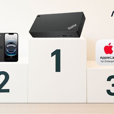 Am besten verkauft haben sich 2025 über ITscope Produkte und Services für den hybriden Arbeitsplatz: Gewinner ist eine Dockingstation von Lenovo, gefolgt vom iPhone 16e. (Bild: ITscope)