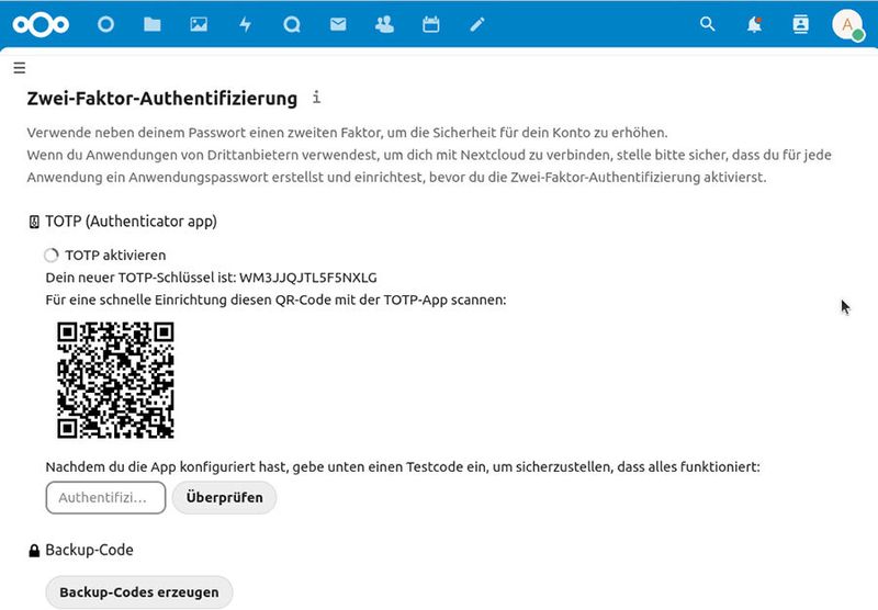 Benutzer richten die Zwei-Faktor-Authentifizierung selbst ein.  (Bild: Joos - Nextcloud)