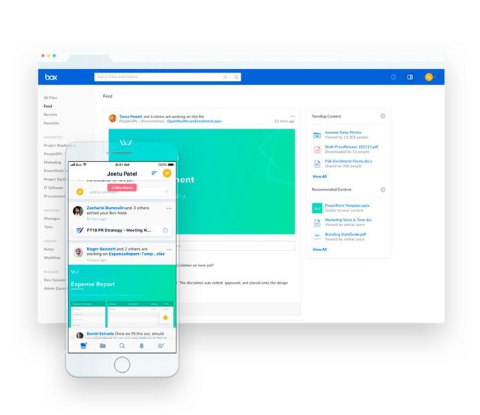 Die Oberfläche von Box enthält eine Vielzahl von Funktionen, einschließlich Workflow Metadaten-Management, Content Collaboration und intelligente Dienste. (Box)
