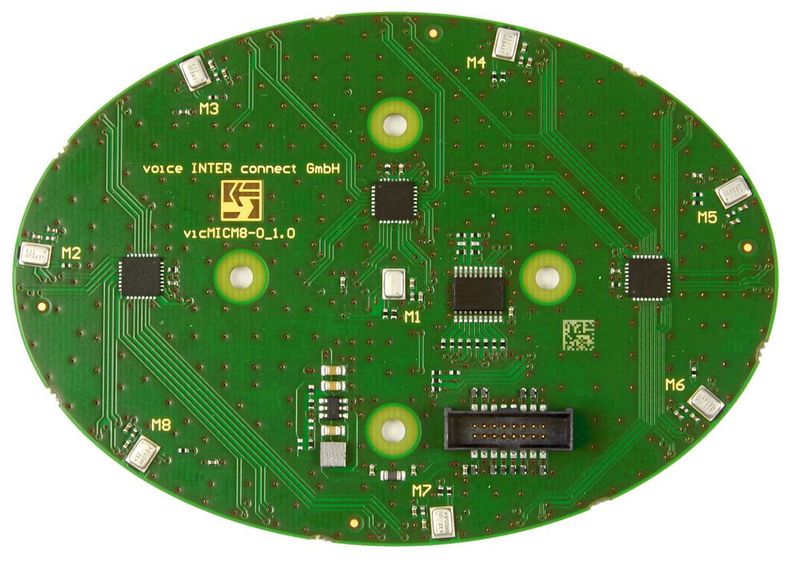 Mikrofonarray: Abbildung zeigt die Anordnung der Mikrofone, auf der Leiterplatte mit M1 bis M8 gekennzeichnet. (Bild: Voice Inter Connect)
