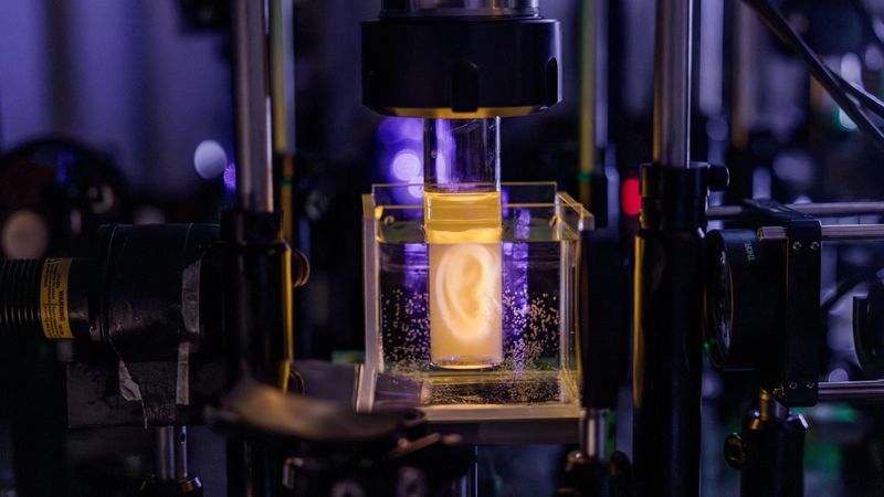 Holografische Projektion eines Modells eines menschlichen Ohrs. (Bild:  Adrien Buttier/EPFL)