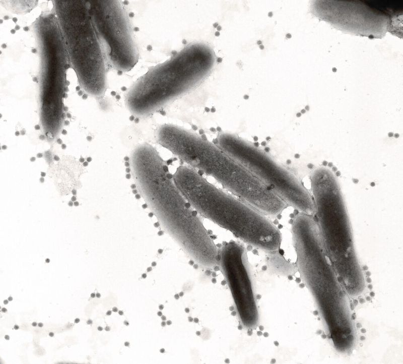 In der Überzahl: Die winzigen Viren drängen sich dicht um die ihre deutlich größeren Wirte, die Bakterien. Etwa 10 bis 45 Prozent der Bakterien im Meerwasser sind von Viren befallen. 