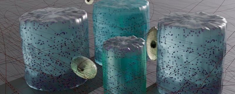 Lichtreaktive Hydrogel-Mikrostrukturen, eingebettet in ein Kollagennetzwerk. Die Mikrostruktur im Vordergrund wird mit einem grünen Laser beleuchtet, was zu ihrer Kontraktion führt. Diese Kontraktion remodelliert das Kollagennetzwerk und übt Kräfte auf die umgebenden Zellen aus.(Bild:  Vicente Salas-Quiroz)