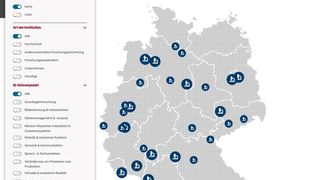 Die interaktive Landkarte der Plattform Lernende Systeme zeigt, an welchen Institutionen in Deutschland zu KI geforscht wird. (Plattform Lernende Systeme)