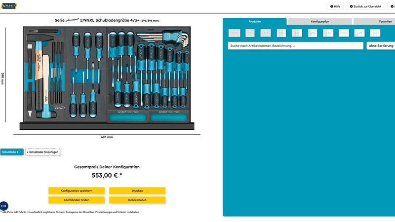 Über das Hazet Online-Tool können Werkstattwagen indviduell geplant werden. Das Tool erkennt automatisch verfügbare Flächen und zeigt per Drag & Drop nur passende Weichschaumeinlagen an. (Bild: Hazet)