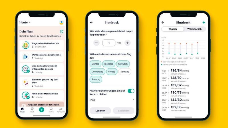 Erste DiGA mit Dual-Wirkung zugelassen: Die App „Oviva Direkt Bluthochdruck“ soll Blutdruck und Gewicht gleichtzeitig senken.(Bild:  Oviva, bearbeitet mit Canva)