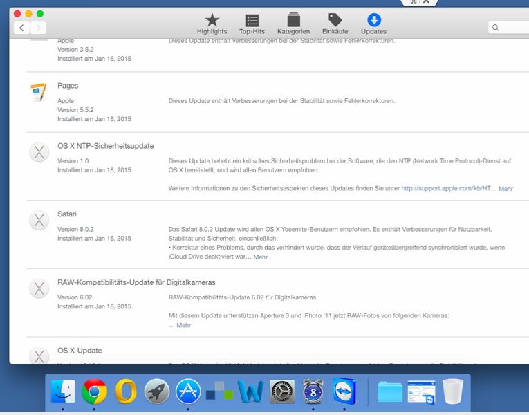 Auf einem Mac-Rechner empfiehlt es sich, immer zuerst den App-Store aufzurufen und dann auf „Updates“ zu klicken. Hier wird gezeigt, ob neue Updates zur Verfügung stehen und welche Sicherheits-Updates bereits installiert sind. Vor allem auf neu installierten Mac-Rechnern ist dieser Aufruf fast schon Pflicht. (Bild: Thomas Joos)