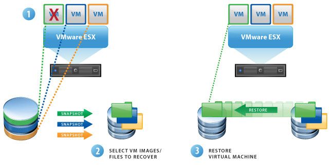 Aus den Snapshots, die mit VMware Data Recovery 2.0 angelegt wurden, lassen sich Files, Images und VMs wiederherstellen. (Bild: VMware)