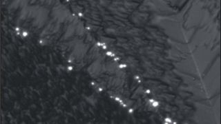 Oberflächenmorphologie einer Solarzelle mit überlagerter Lumineszenzintensität unter Rückwärtsspannung (–17 V) von Defekten, die sich entlang zweier Korngrenzen anordnen  (Bild: Universität Leipzig)