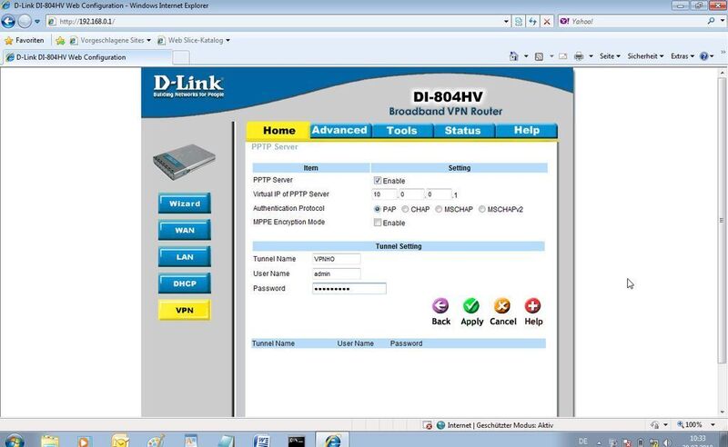Schritt 5: Nun müssen wir den PPTP-Server konfigurieren. Klicken Sie unten auf „PPTP Server Setting...“. Setzen Sie im folgenden Dialog bei „PPTP Server“ einen Haken bei „Enable“. Die „Virtual IP of PPTP Server“ kann belassen werden. Wählen Sie ein Authentication Protocol aus. Im Bild haben wir PAP gewählt. Das Authentication Protocol bestimmt das Verfahren der Authentisierung. Definieren Sie nun einen VPN-Tunnel. Als Tunnelname haben wir „VPNHO“ gewählt. Bei „Username“ und „Password“ geben Sie die Zugangsdaten ein mit denen sich der Client einwählen soll. Klicken Sie unten auf „Apply“ und danach im folgenden Fenster auf „Continue“. Damit ist die Konfiguration des Servers abgeschlossen und wir wenden uns dem Client zu. (Archiv: Vogel Business Media)