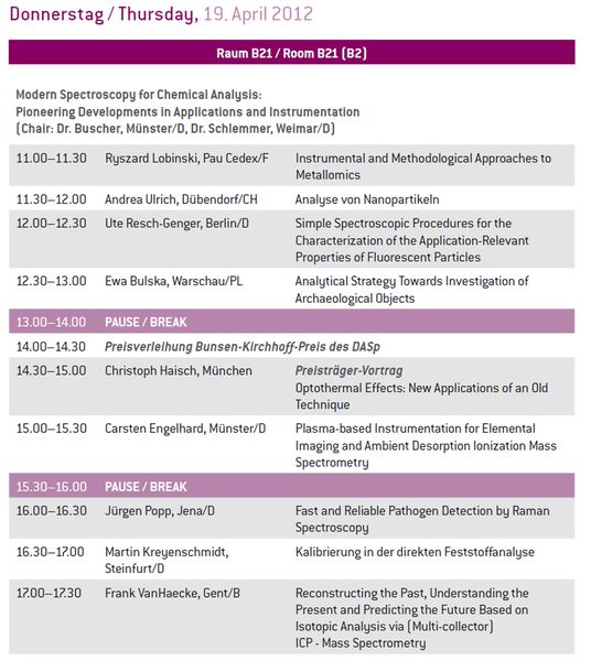 Conference Programm der Analytica 2012. Das Programm gibt es auch als PDF zum Download .
Den kompletten Visitor Guide zur Analytica 2012 gibt es ebenfalls als PDF zum Download .
Weitere Infos zur Analytica 2012 finden Sie auf unserer
Veranstaltungsseite. (Archiv: Vogel Business Media)