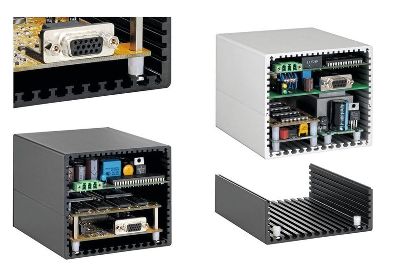 Bild 3:  Halbschalen mit integrierten T-Nuten ermöglichen die Aufnahme elektronischer Komponenten via Gewindestreifen und Abstandsbolzen. (Bild: © Fischer Elektronik )