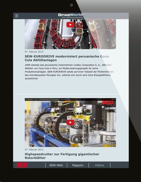 Die DriveWorld-App von SEW-Eurodrive liefert Berichte, Experteneinschätzungen und Hintergründe zu den Trend- und Zukunftsthemen in der Antriebs- und Steuerungsindustrie. (SEW)