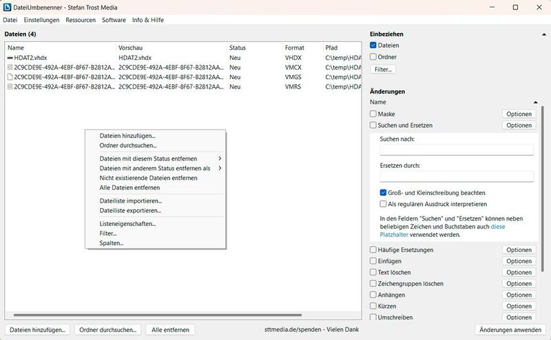 Dateien mit FileRenamer umbenennen. (Bild: Joos – Stefan Trost Media)