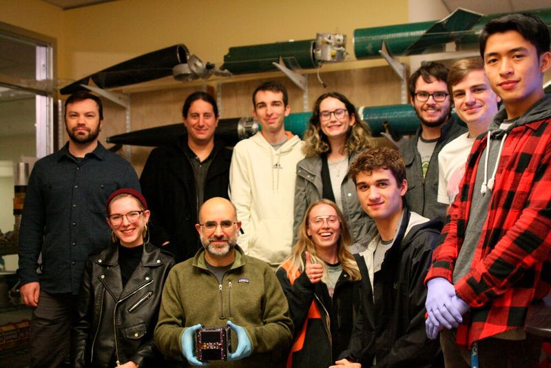 The Portland State University Satellite Team: an interdisciplinary team of electrical engineers, mechanical engineers, computer science, math majors, and business students.  (Source: PSAS)