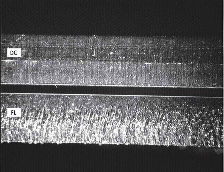 Bild 3: Vergleich der Schneidkantenqualität bei 3 mm dickem Blech zwischen CO2-Laser (oben) und Faserlaser.  (Bild: Rofin)