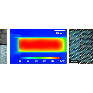 3D-gedruckter thermoplastischer Heilungsstoff (blaue Einfärbung) auf Glasfaserverstärkung (links); Infrarotthermogramm während der in-situ-Selbstheilung eines gebrochenen Faserverbundwerkstoffs (Mitte); 3D-gedruckter Heilungsstoff (blau) auf Carbonfaserverstärkung (rechts).  (Bild:  Jason Patrick, NC State University)