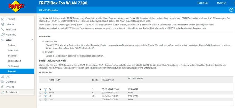 Fritz!Boxen lassen sich auch als Repeater nutzen. Auch hier sind die Einstellungen in der Fritz-Weboberfläche zu finden. Das WLAN muss dazu verschlüsselt werden. (Joos / AVM)