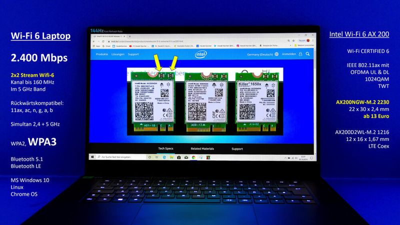 Abbildung 25: Das M.2-2230-Wi-Fi-6-Funkmodul namens Intel AX200 NGW (links im Laptop-Display) wird in einen freien M.2-Slot gesteckt und dort verschraubt. Zuvor baut man in der Regel das alte 11ac-Wi-Fi-5-Funkmodul aus einem M.2-2230-Slot heraus. (Bild: Harald Karcher)