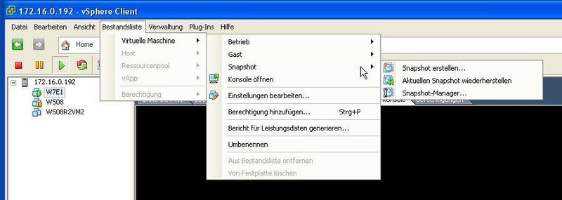 Die Funktionen zur Erstellung und Verwaltung der Snapshots sind auch unter der Bestandsliste einer virtuellen Maschine zu finden. Hierbei wird nach den drei Einträgen „Snapshot erstellen“, „Aktuellen Snapshot wiederherstellen“ und dem „Snapshot-Manager“ unterschieden. (Archiv: Vogel Business Media)