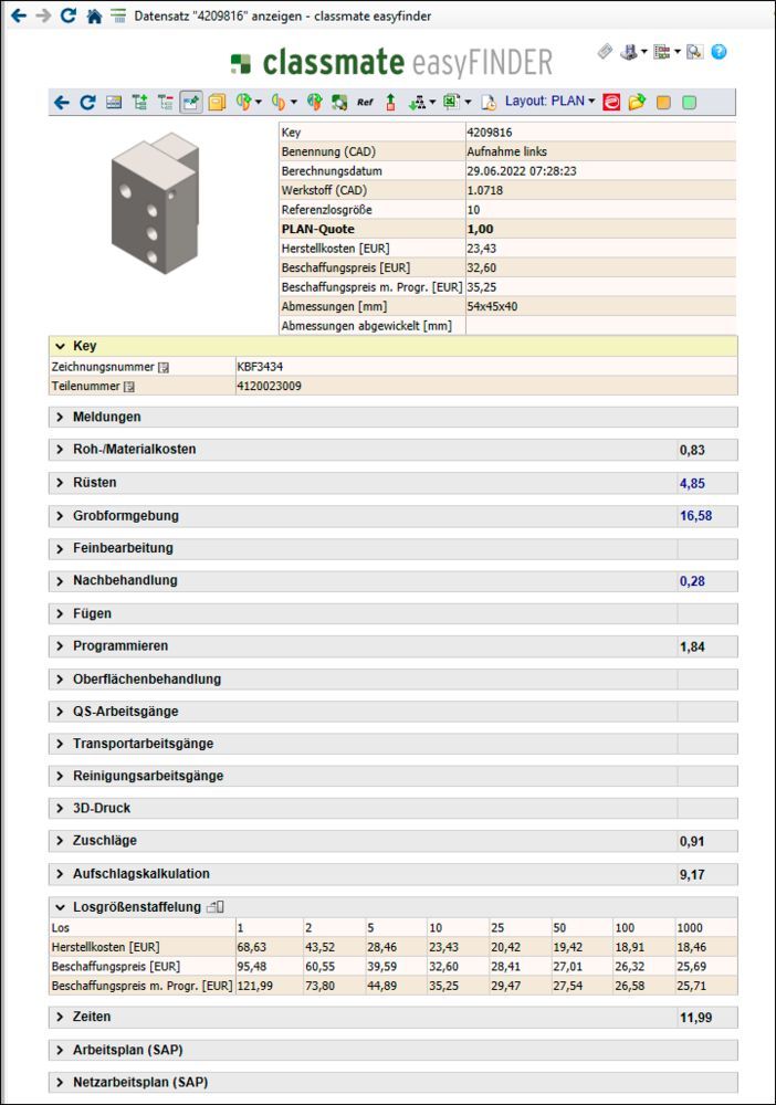 Der Classmate Easy-Finder zeigt alle relevanten Bauteile zu einer Suche übersichtlich an – auch mit Kosteninformationen.
