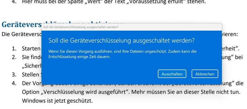 Die Entschlüsselung der Daten erfolgt nach dem Ausschalten der Geräteverschlüsselung in Windows. Auch das ist ein einfacher Vorgang. (Bild: Joos)