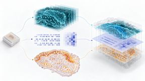 Schema: 3D-Bild, Sequenzdaten und räumliche Proteinanalyse aus einem Gewebe sollen in einem gemeinsamen Bezugssystem zusammengeführt werden. Wie genau das gelingt, ist offen. Bild: KI-generiert (Bild: KI-generiert / Redaktion Devicemed.de)