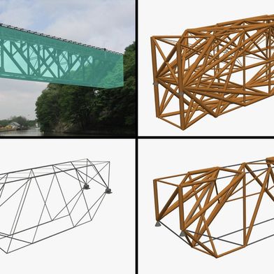 Oben links ist die Lockport-Fachwerkbrücke zu sehen, die in der Nähe von Buffalo im US-Gliedstaat New York, über den Erie-Kanal führt. Die Forscher ahmten diese in türkisblau hervorgehobene Konstruktion nach und entwarfen mehrere Varianten, die ausschließlich aus Holz (oben links), ausschließlich aus Stahl (unten links) sowie aus einer Holz-Stahl-Kombination bestehen. (Bild: Mit freundlicher Genehmigung der Forschenden)
