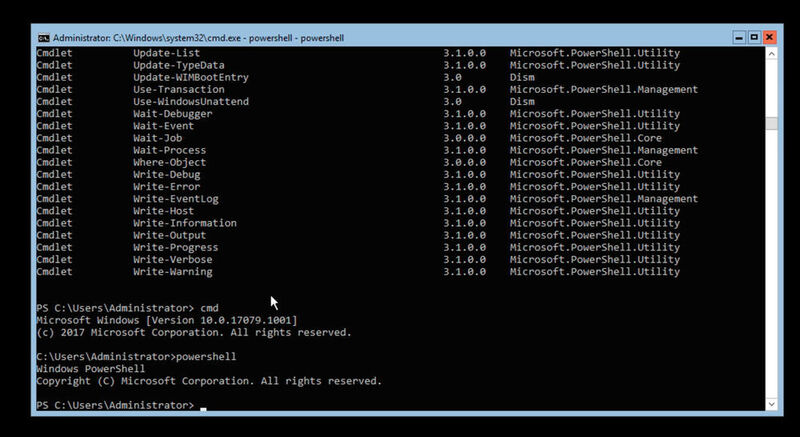 Abbildung 2: Die Verwaltung von Windows Server 1803 kann auch über die Befehlszeile erfolgen sowie mit der Powershell. (Thomas Joos/ Microsoft)