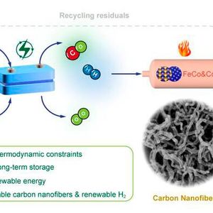 The electrocatalytic-thermocatalytic tandem strategy for CNF production circumvents thermodynamic constraints by combining the co-electrolysis of CO2 and water into syngas (CO and H2) with a subsequent thermochemical process under mild conditions (370-450 °C, ambient pressure). This yields a high CNF production rate. The optimal synergy of iron-cobalt (FeCo) alloy and extra metallic Co enhanced the dissociative activation of syngas, promoting carbon-carbon bond formation for CNF production. (Source:  Zhenhua Xie/Brookhaven National Laboratory and Columbia University)