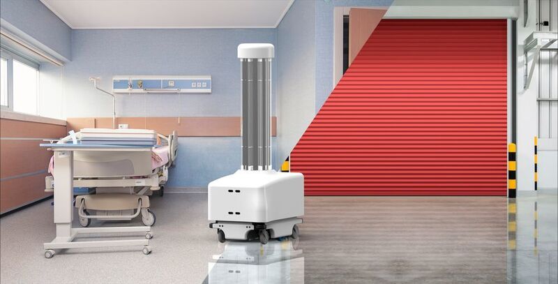 Der UV-Desinfektionsroboter ist ein Putzroboter für Krankenhäuser und Fabriken. Der UV-DR tötet 99.9% aller Microorganismen und bewegt sich eigenständig und sicher durch die Hallen. (Blue Ocean Robotics)