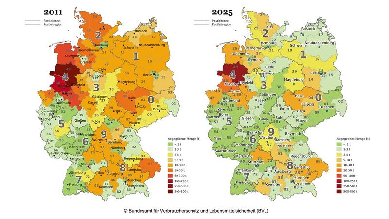 Vergleich der regionalen Antibiotika-Abgabemengen 2011 und 2025(Bild:  Bundesamt für Verbraucherschutz und Lebensmittelsicherheit (BVL))