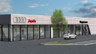 Hoppmann Autowelt stellt sich am Standort Herborn mit der Marke Audi neu auf. Der Entwurf zeigt, wie der Audi-Terminal in der hessischen Stadt künftig aussehen wird. (Foto: Hoppmann Autowelt)