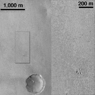 Aufnahme von NASA's Mars-Orbiter vom 29. Mai 2016. Das Bild zeigt die Stelle, an der Schiaparelli planmäßig hätte landen sollen. (NASA)