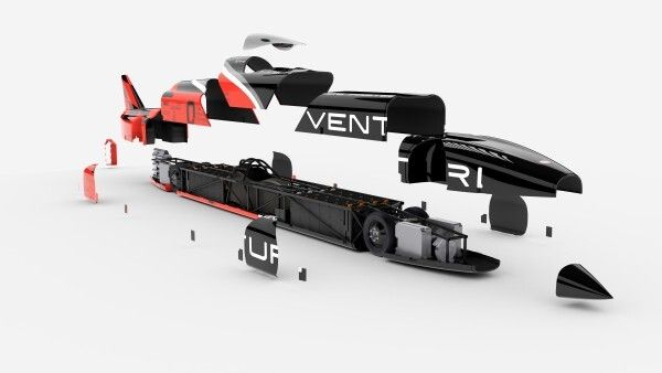 Der Stabilisator am Heck ragt 1,5 m in diue Höhe, in der Mitte ist das Cockpit (Bild: Venturi Automobiles)