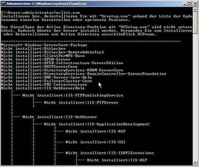 Bild 4: Die installierten und verfügbaren Serverrollen und Funktionen können dem Befehl oclist.exe angezeigt werden. (Archiv: Vogel Business Media)