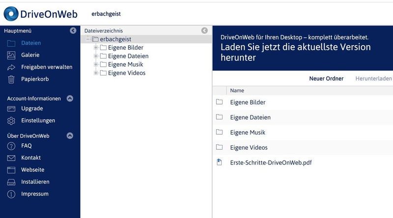 Die Weboberfläche von DriveOnWeb präsentiert sich sehr aufgeräumt. (Joos/DriveOnWeb (Screenshot))