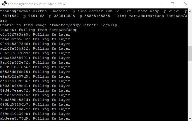 Herunterladen und Start des ASSP-Container-Images auf einem Ubuntu-Server. Der Port für die Webverwaltung wird automatisch gesetzt.  (Joos)