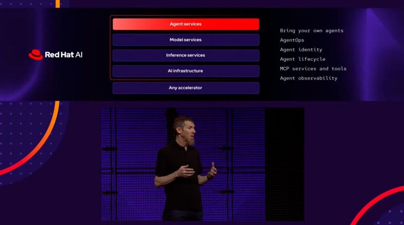 Red-Hat-CTO Chris Wright erläutert am 12. Mai 2026 auf dem „Red Hat Summit“ in Atlanta die erweiterten Funktionen für KI-Agenten in „Red Head AI Enterprise 4.3“.(Bild:  Red Hat / Youtube)