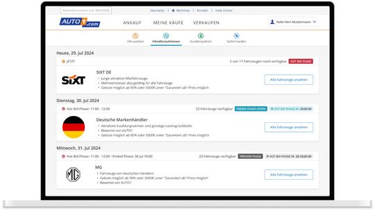 Im AUTO1.com-Dashboard haben die Händler Einblick auf die kommenden Händlerauktionen sowie deren aktuellen Status.(Bild:  Auto1 Group GmbH)